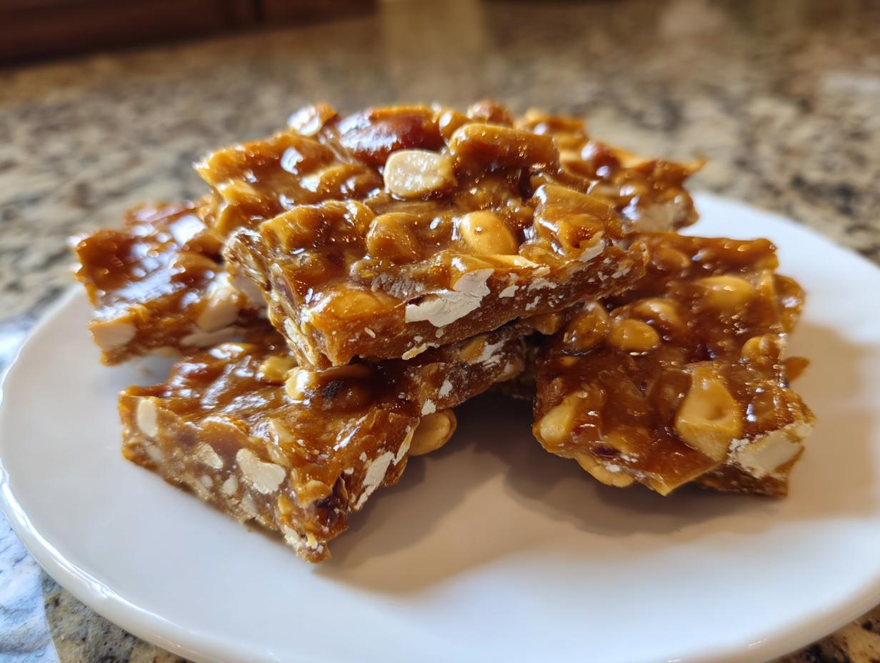 A stack of freshly broken pieces of shiny, golden-brown peanut brittle recipe candy on a white plate.