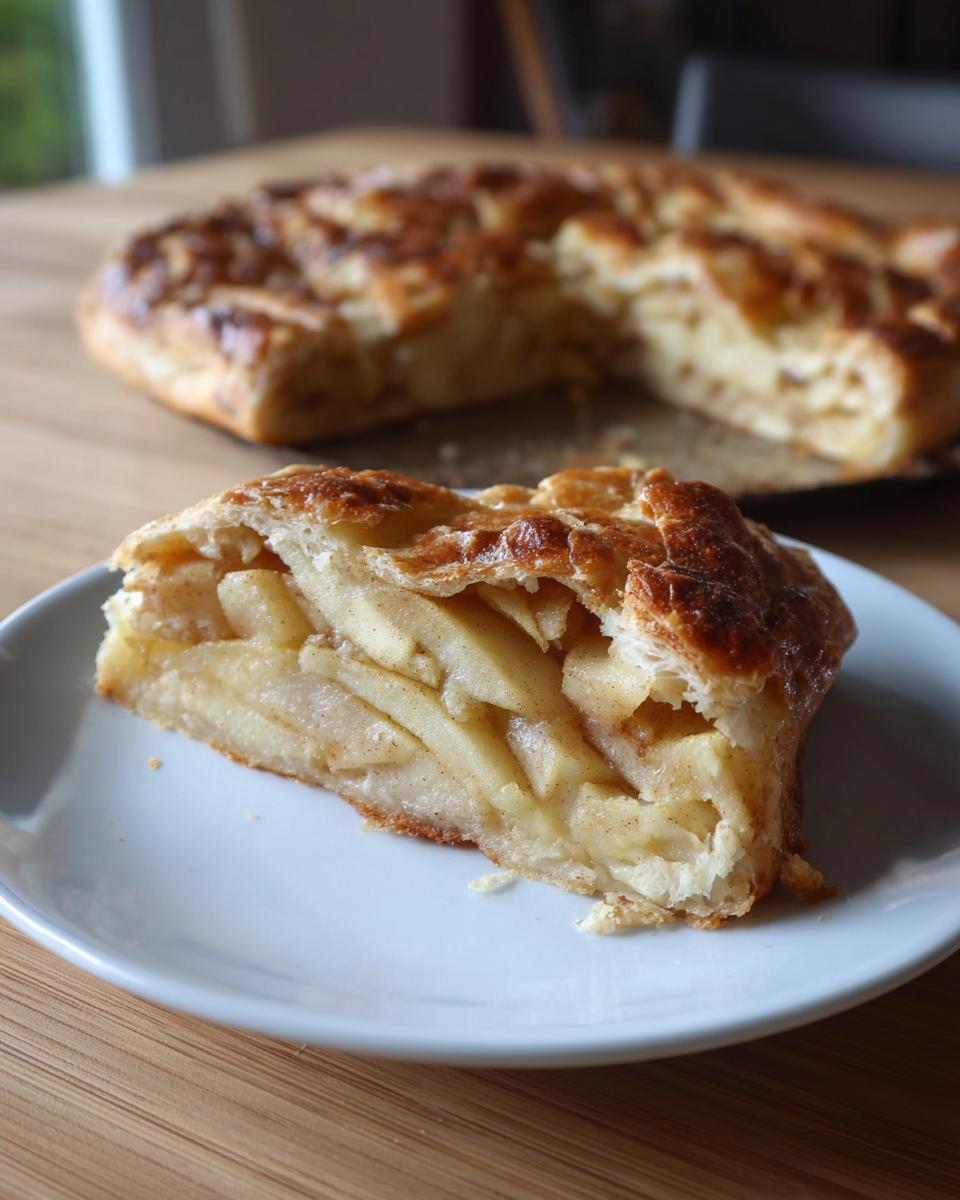 A close-up slice of apple galette showing layers of flaky crust and cinnamon-spiced apple filling, served on a white plate.