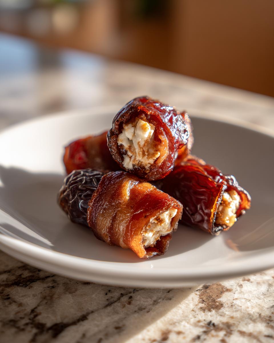 Close-up of bacon wrapped stuffed dates filled with a creamy white cheese filling.