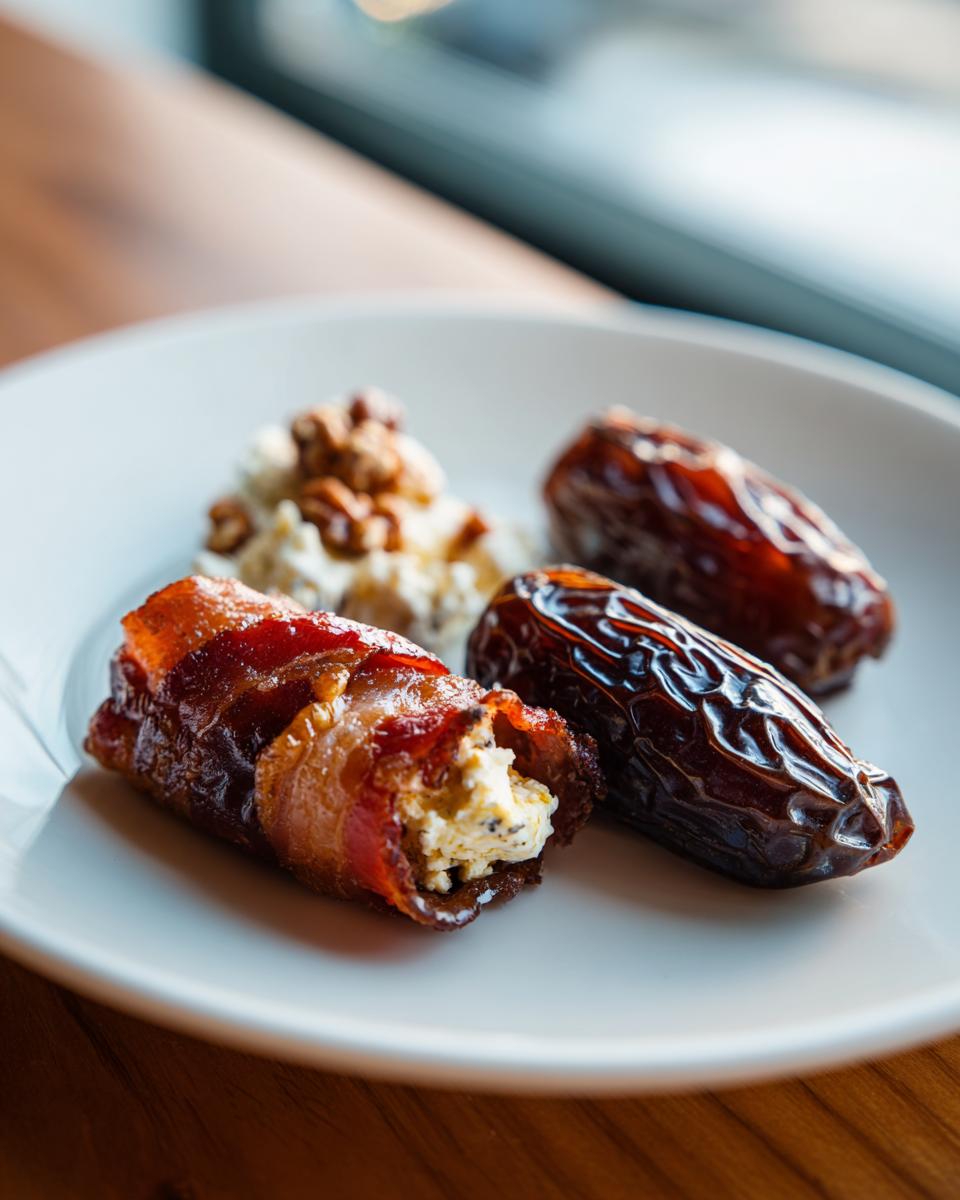 Close-up of bacon wrapped stuffed dates, one cut open showing creamy filling, next to plain dates and cheese.