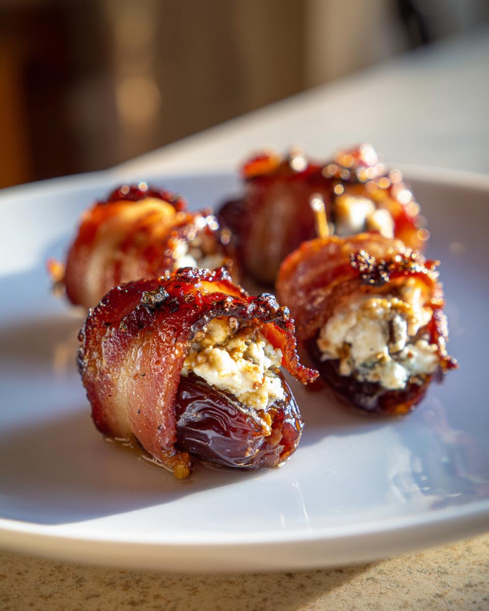 Close-up of four bacon wrapped stuffed dates filled with creamy cheese, glistening under warm light.