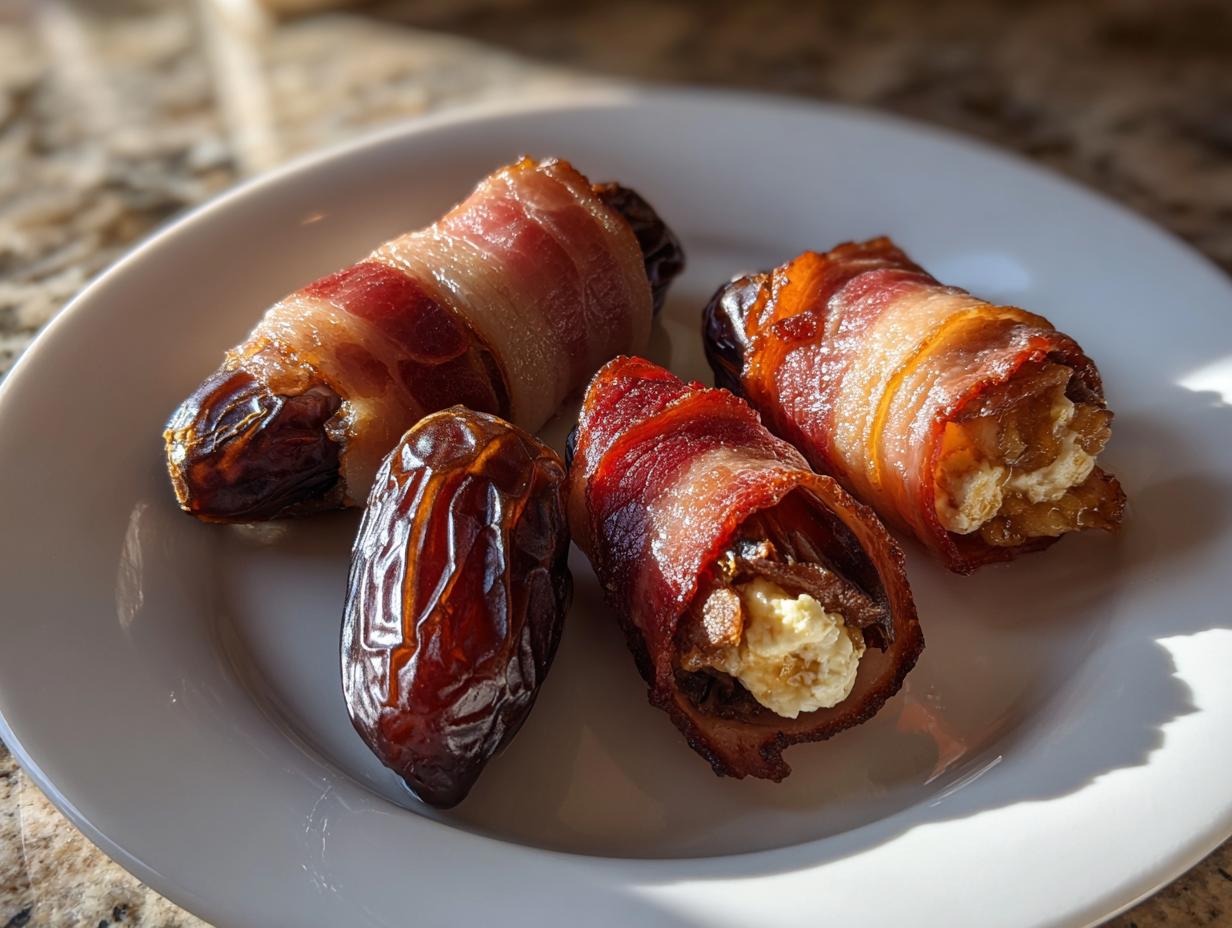 Four appetizers on a white plate: three bacon wrapped stuffed dates and one plain date.