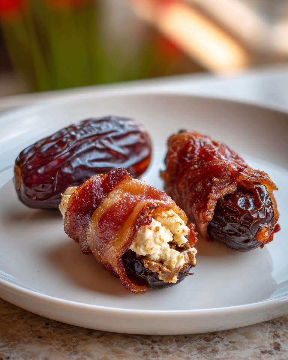 Close-up of bacon wrapped stuffed dates filled with creamy cheese on a white plate.