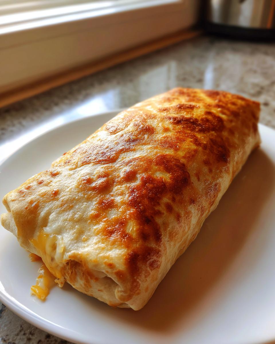 A single, golden-brown baked chicken chimichanga resting on a white plate, showing melted cheese.