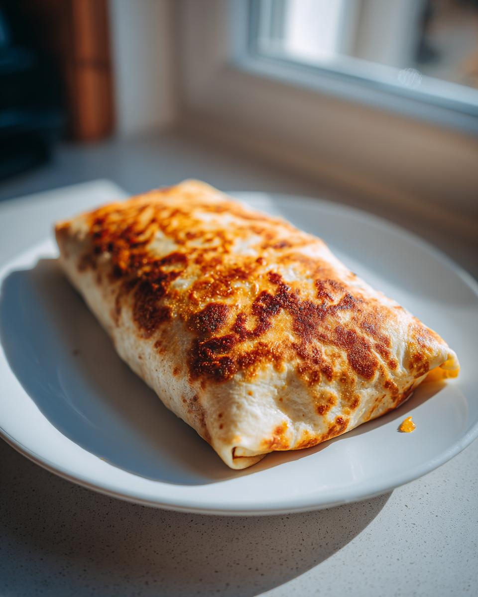 A golden-brown, crispy Baked Chicken Chimichangas resting on a white plate near a sunny window.