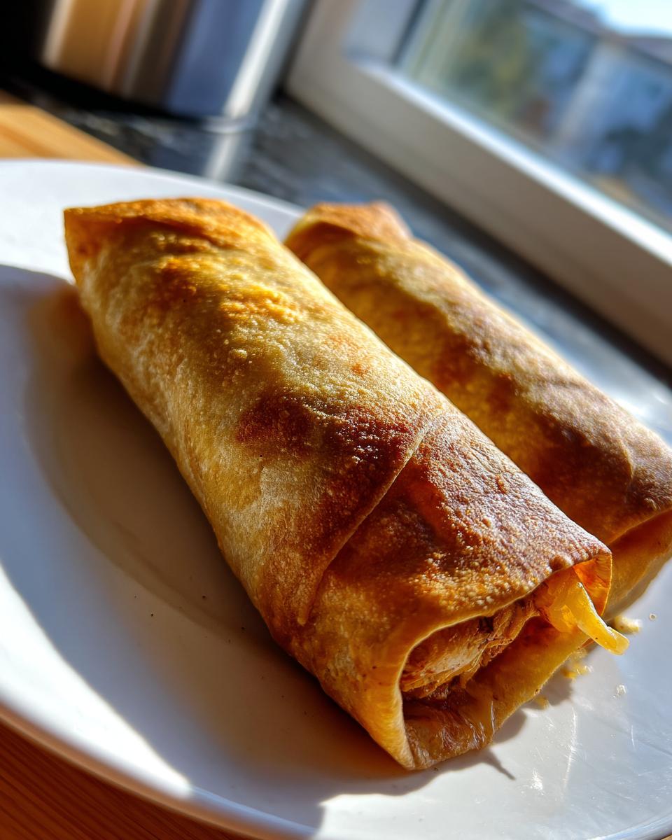 Two golden brown, freshly baked chicken chimichangas resting on a white plate near a window.