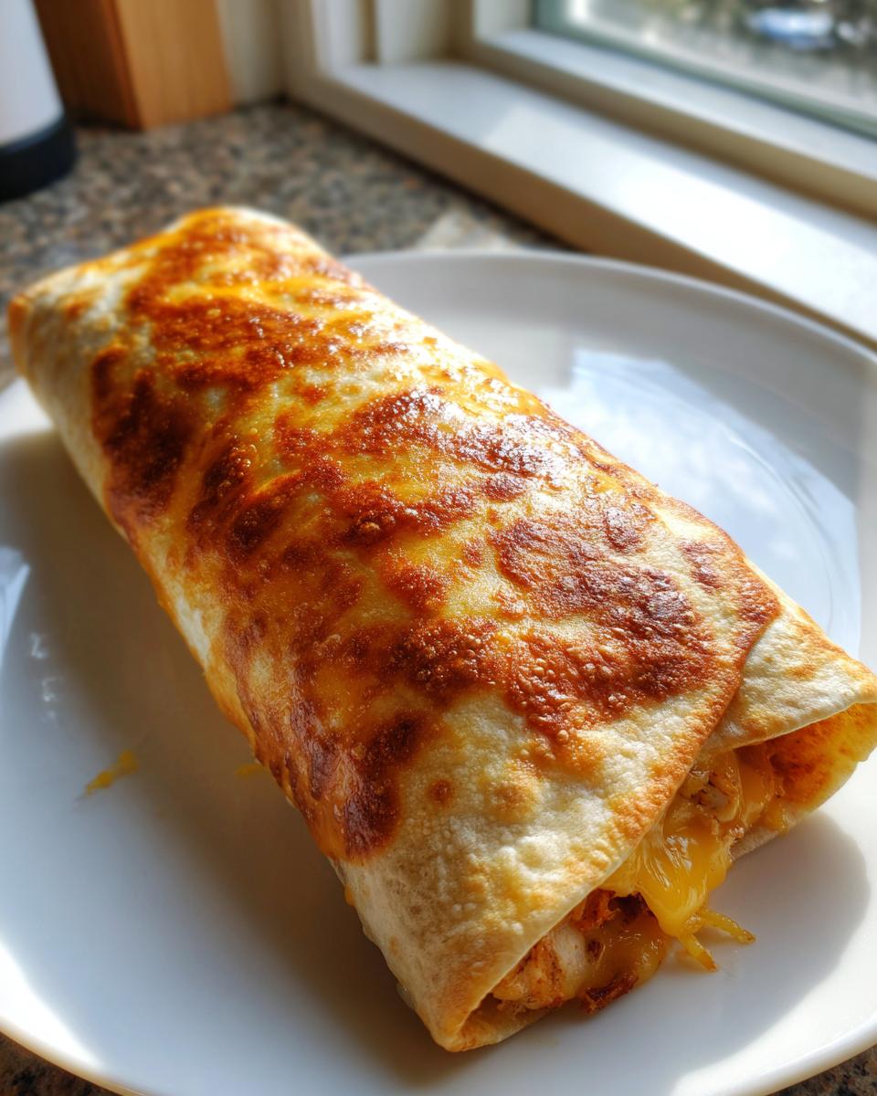A single, perfectly golden brown Baked Chicken Chimichangas served on a white plate.