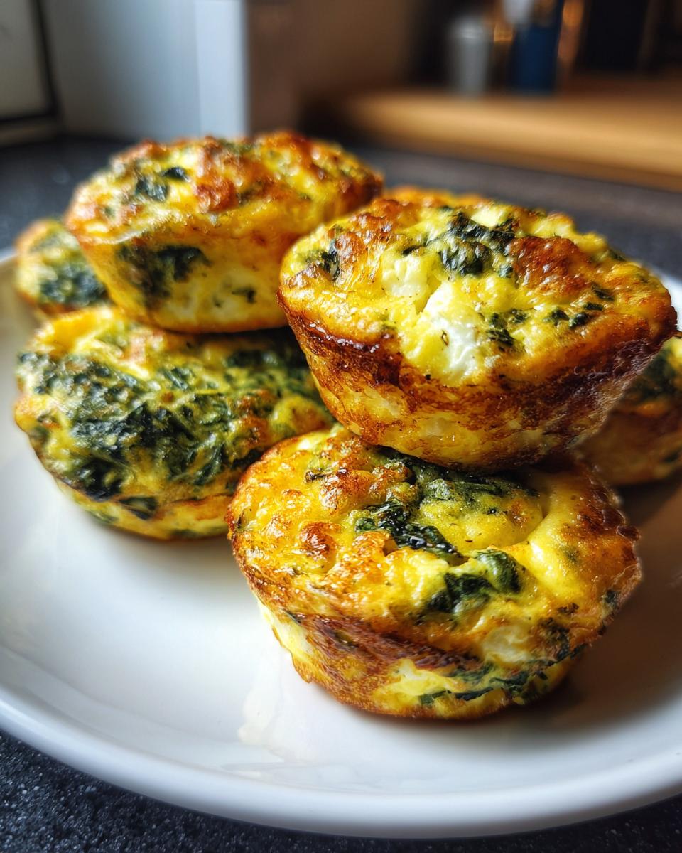 A stack of golden brown, baked egg bites mixed with spinach served on a white plate.