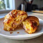 A baked ham and cheese croissant cut in half, showing melted cheese and ham layers inside the flaky pastry.