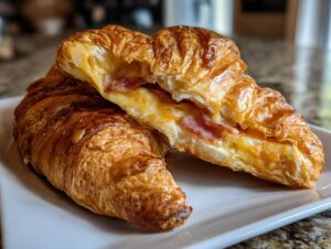 Two golden baked ham and cheese croissants, one cut in half revealing melted cheese and bacon inside.