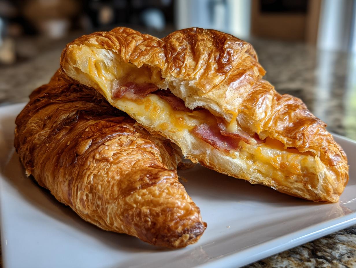 Two golden baked ham and cheese croissants, one cut in half revealing melted cheese and bacon inside.
