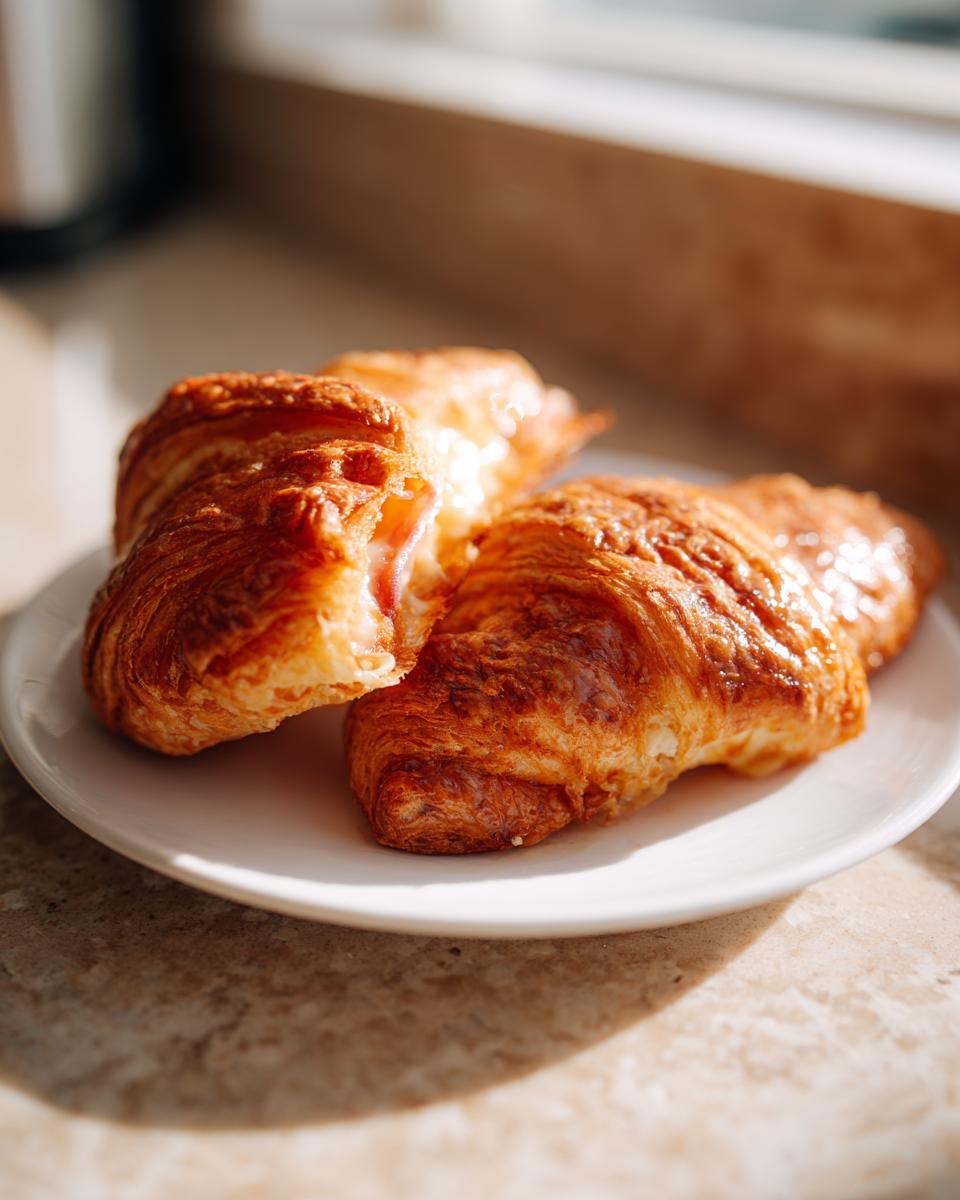 Two golden brown baked ham and cheese croissants resting on a white plate near a window.