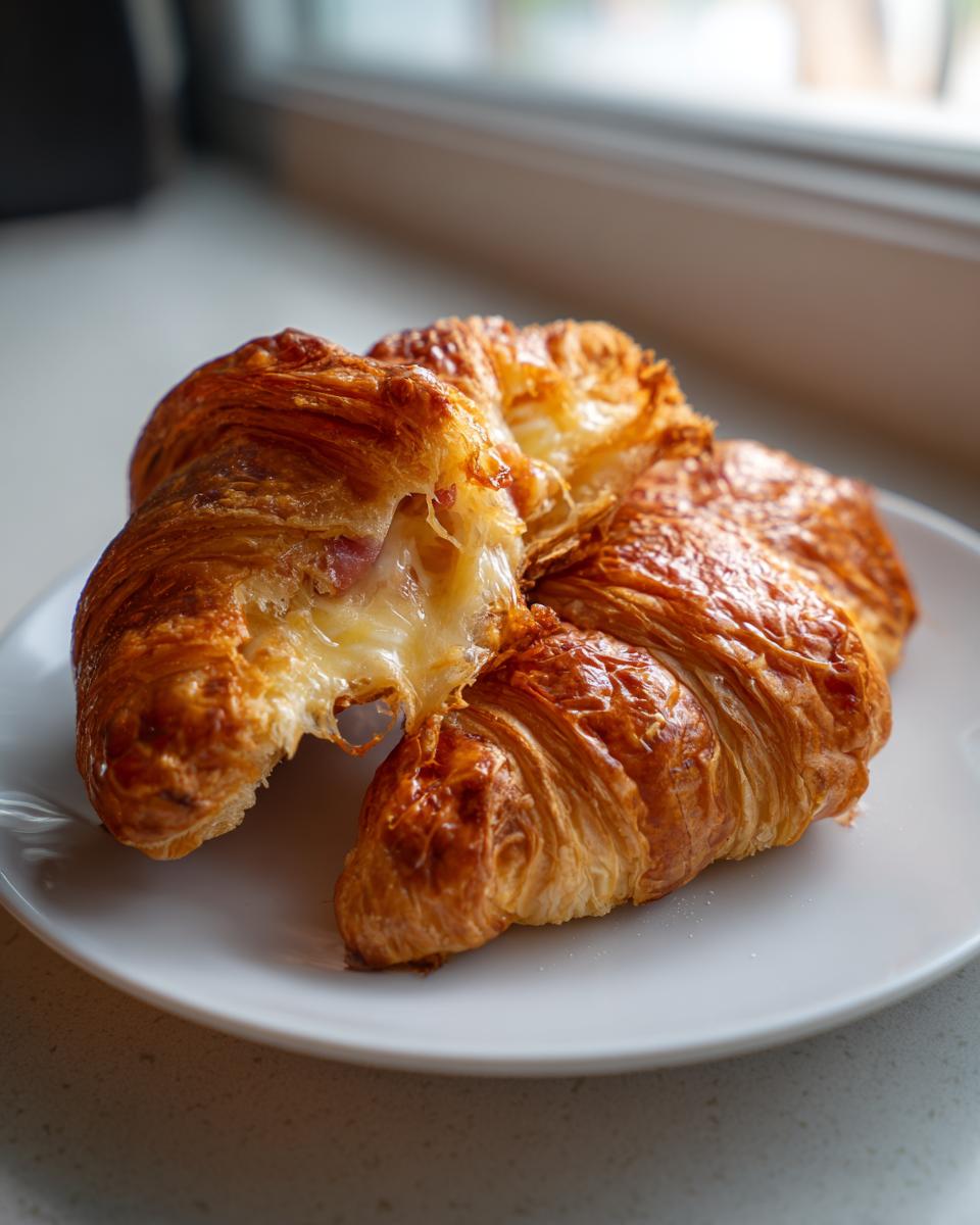 Three golden brown baked ham and cheese croissants stacked on a white plate, one is broken open showing melted cheese.