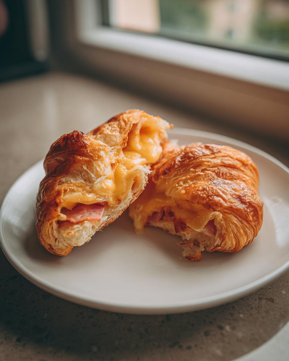 Close-up of a baked ham and cheese croissant cut in half, showing melted cheese and ham filling.