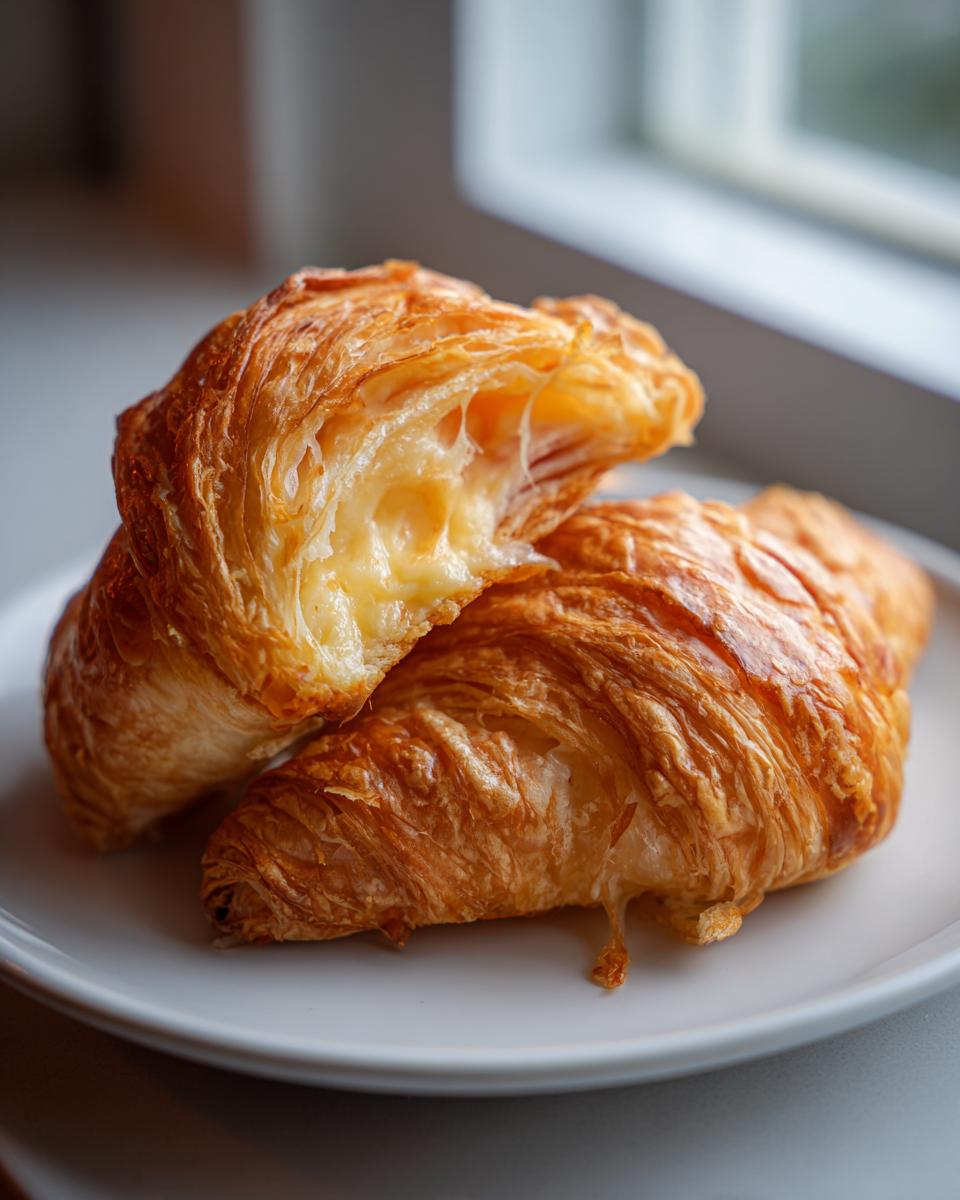 Two golden baked ham and cheese croissants on a white plate, one broken open showing gooey melted cheese filling.