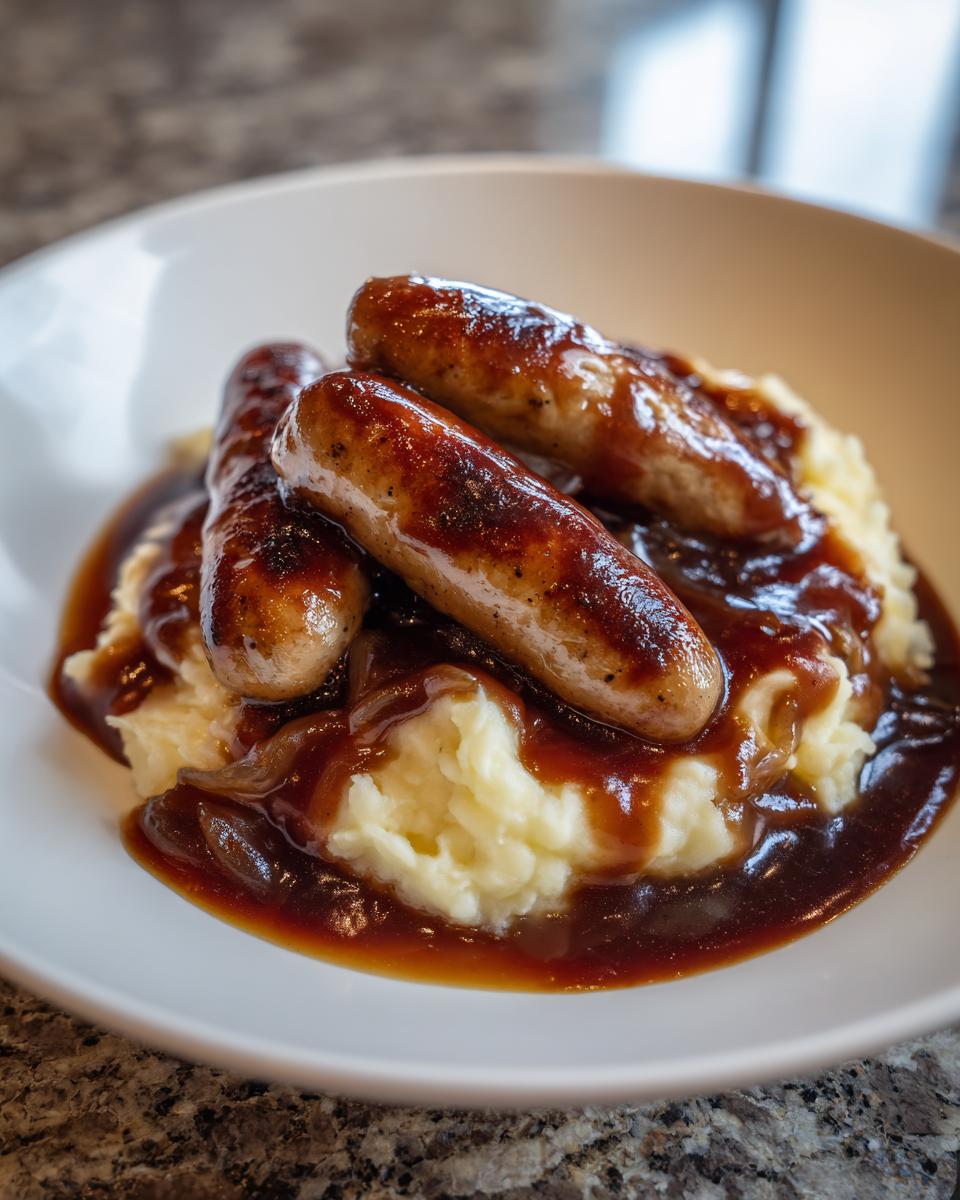 Close-up of three browned sausages served over creamy mashed potatoes and smothered in dark onion gravy for bangers and mash.