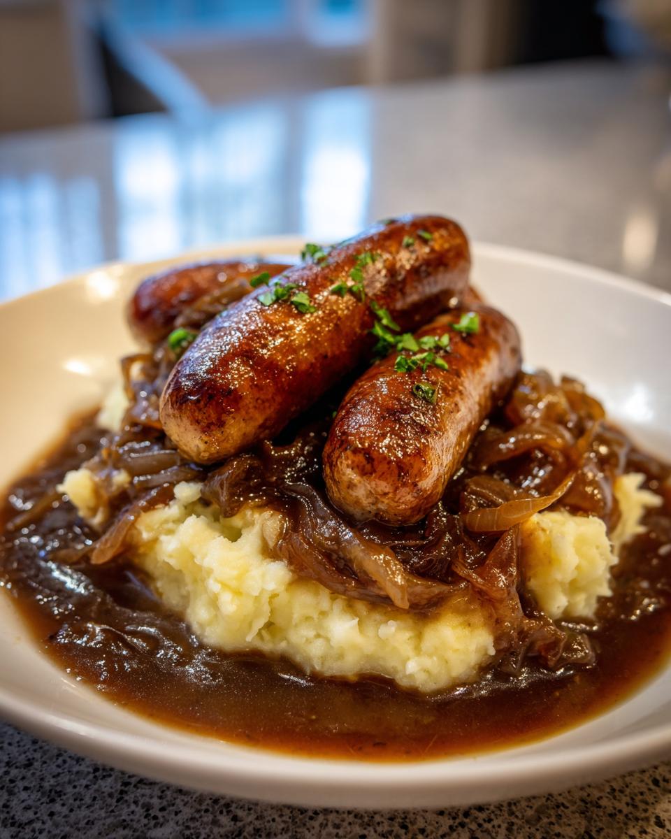 Close-up of three browned sausages served over mashed potatoes with caramelized onions and rich brown gravy for bangers and mash.