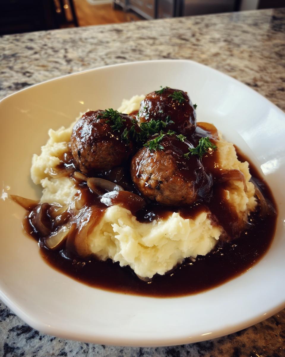 Three browned sausages served over creamy mashed potatoes, covered in onion gravy, a take on bangers and mash.