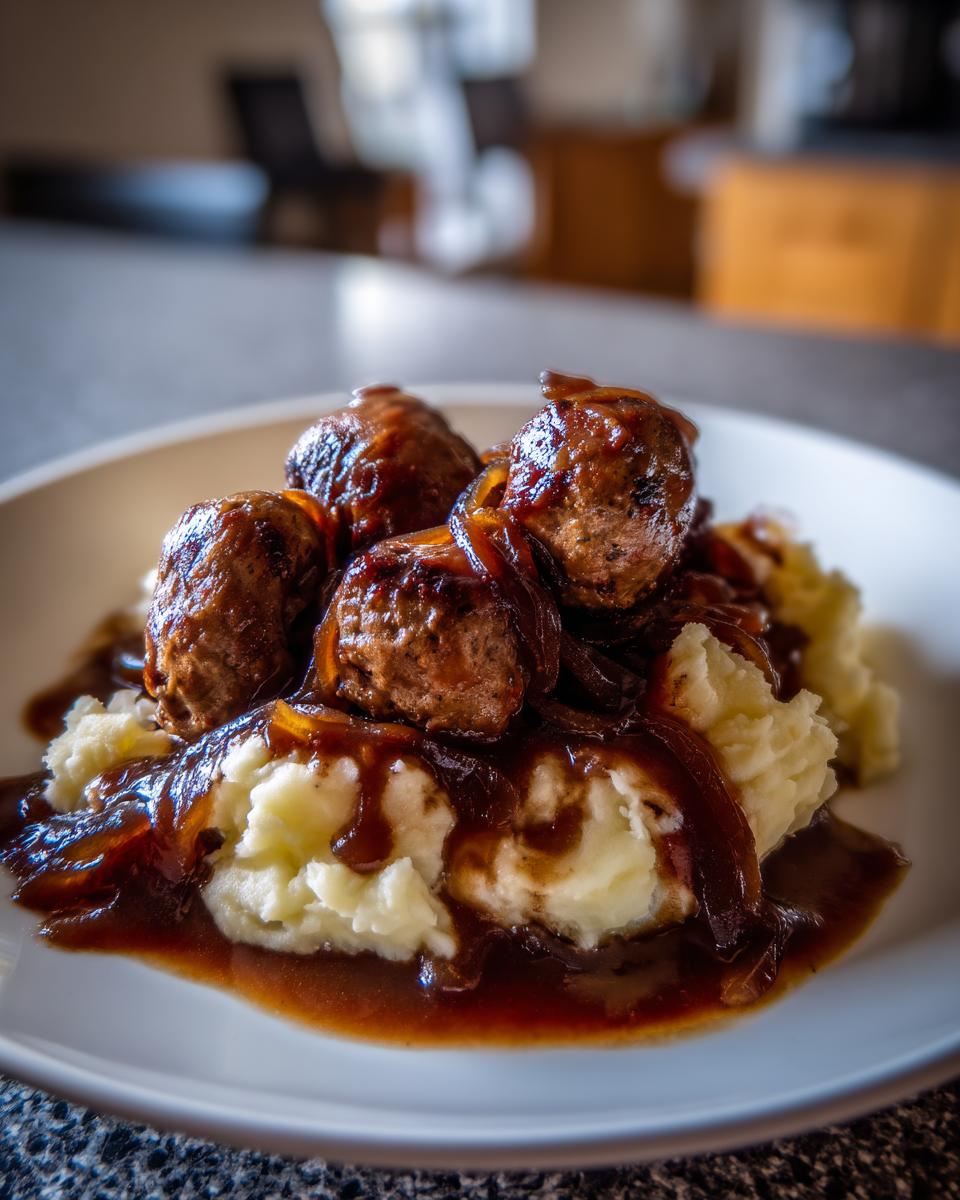 A close-up of a plate of bangers and mash, featuring sausages covered in rich onion gravy over creamy mashed potatoes.