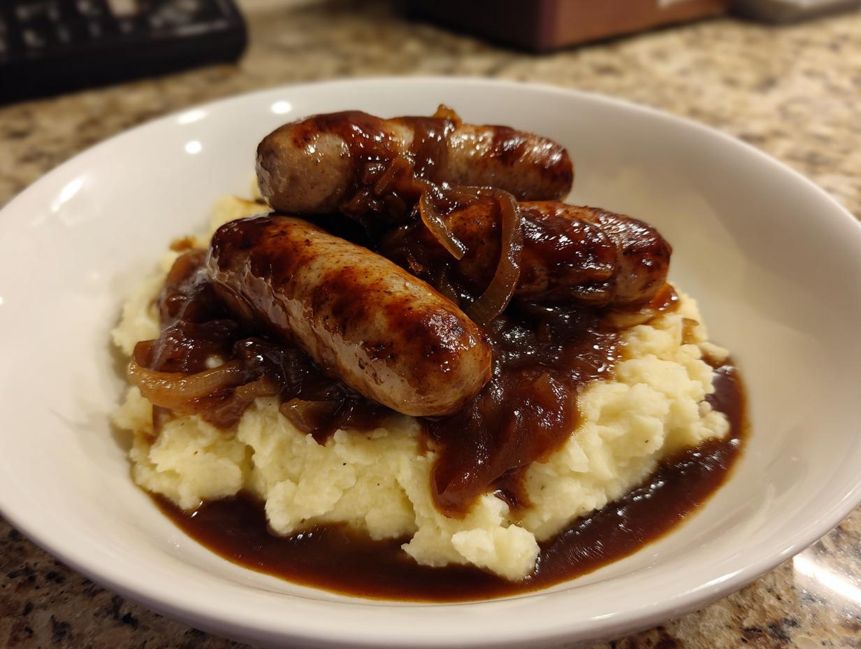 A white bowl filled with creamy mashed potatoes topped with three browned sausages and rich onion gravy, ready to eat bangers and mash.