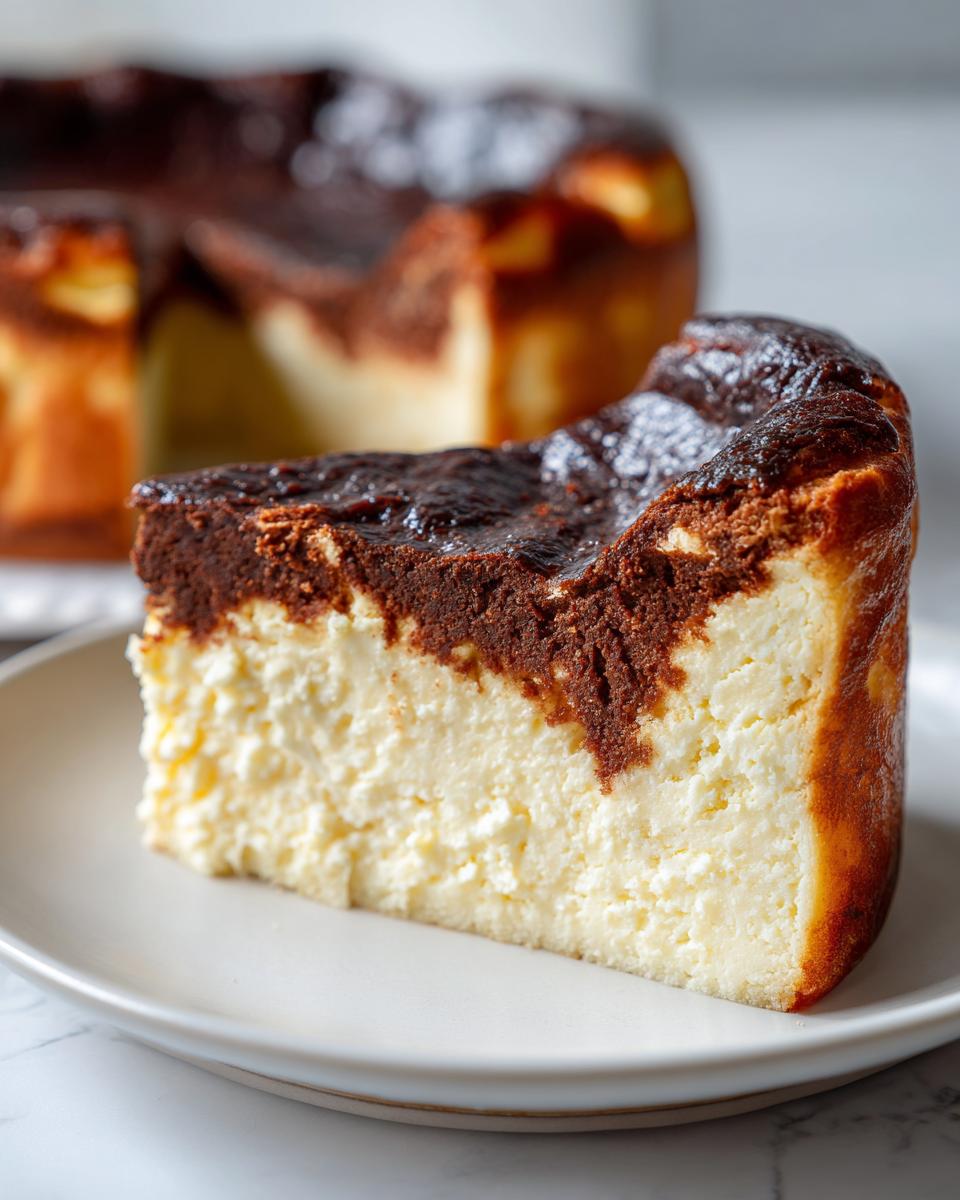 A thick slice of creamy Basque cheesecake featuring a dark, caramelized top layer, served on a white plate.