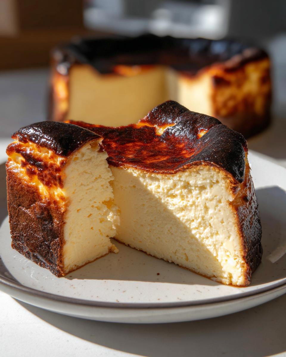 A thick slice of creamy Basque cheesecake with a deeply caramelized, almost burnt top crust.