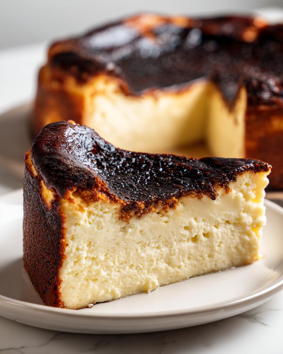 A thick slice of creamy Basque cheesecake showing its signature dark, caramelized top.