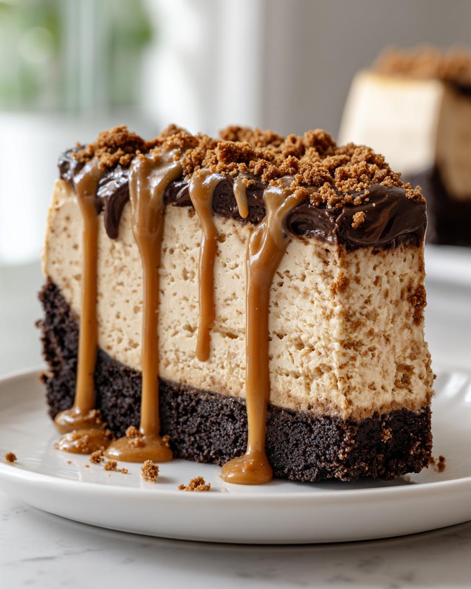 A tall slice of creamy biscoff cheesecake with a dark crust, topped with chocolate ganache, caramel drizzle, and cookie crumbs.