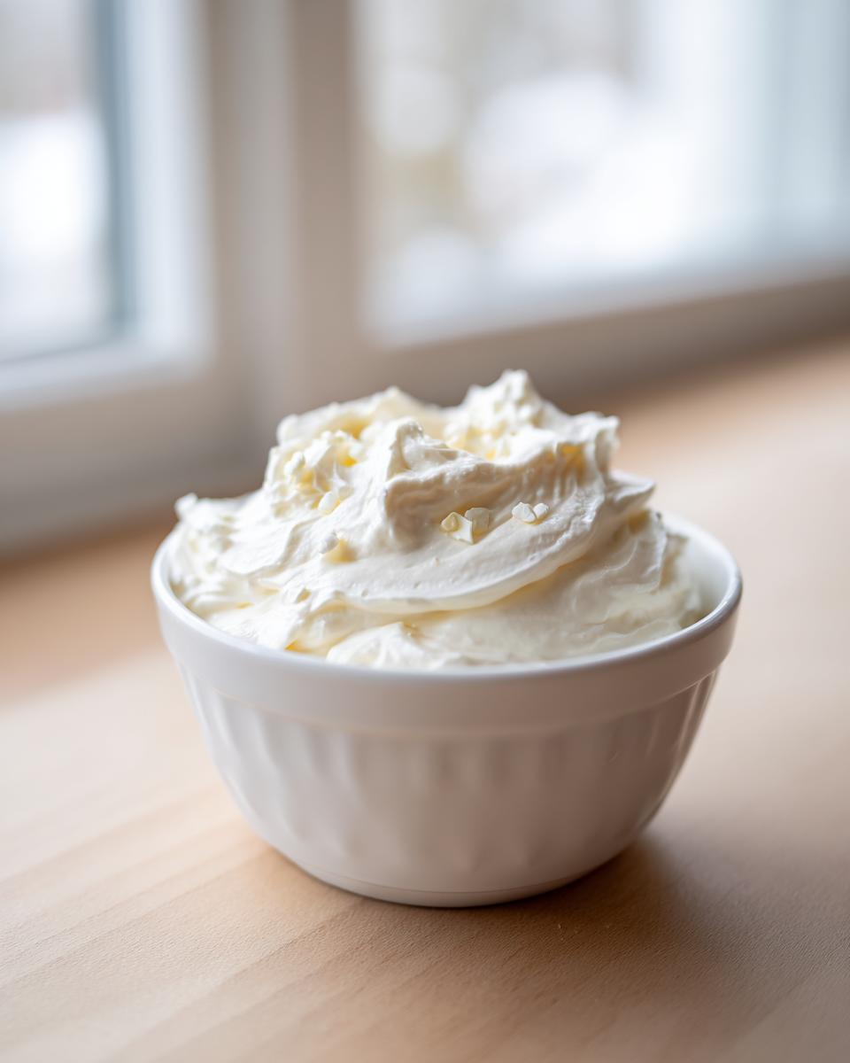 A white bowl filled with fluffy, freshly made garlic aioli sitting on a light wooden surface near a window.