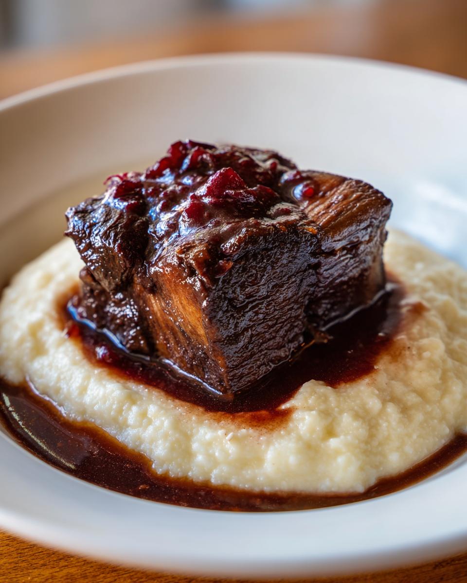A close-up of tender braised short ribs topped with a dark, rich sauce and berries, served over creamy white polenta.