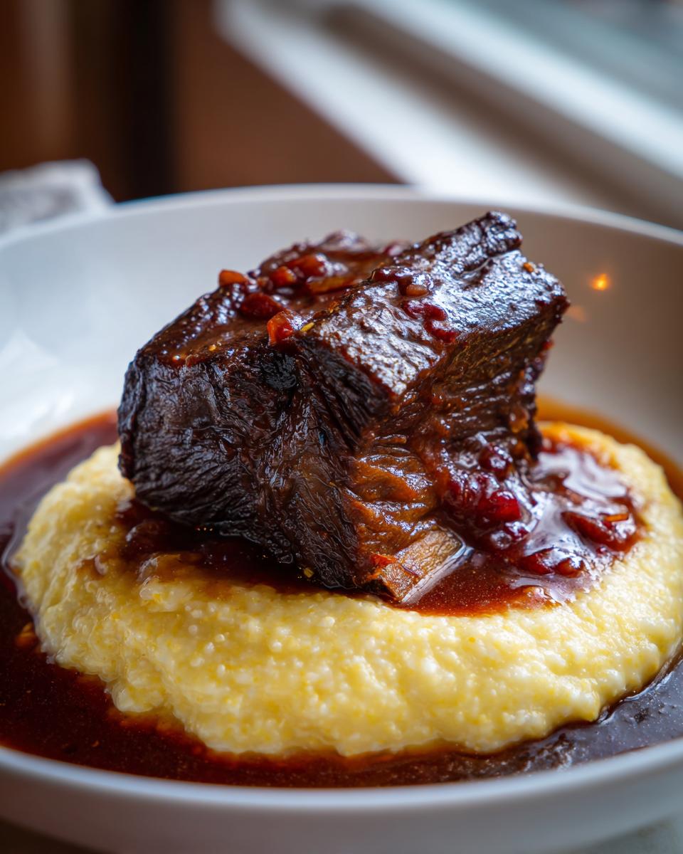 A close-up of tender braised short ribs served over a bed of creamy yellow polenta, drizzled with rich brown sauce.