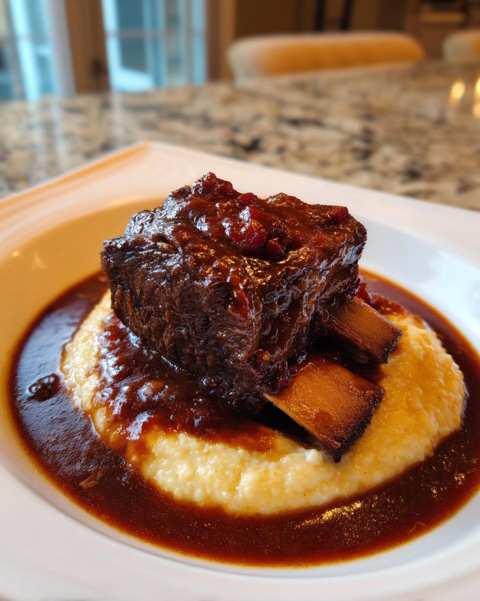 A single serving of rich, dark braised short ribs topped with a thick glaze, served over creamy polenta with extra sauce.