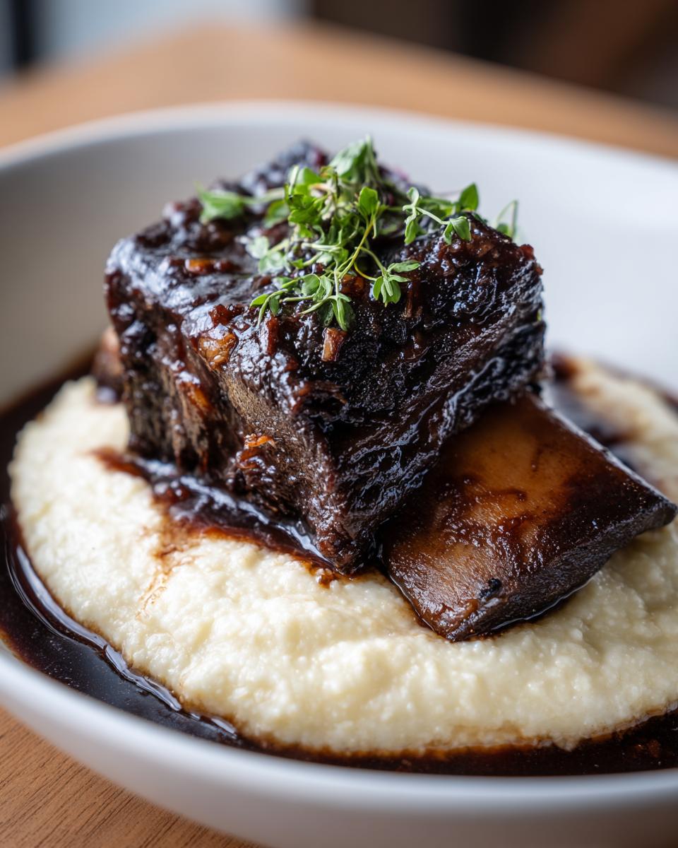 A single, rich, dark braised short ribs served over creamy white polenta and garnished with fresh thyme.