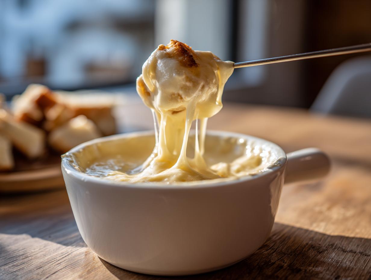 A piece of toasted bread dripping with melted cheese is lifted from a white bowl of cheese fondue recipe.