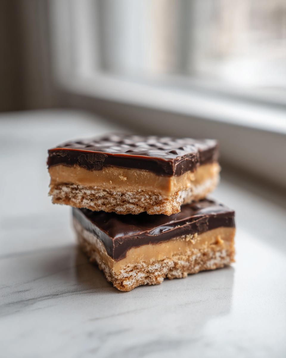 Two stacked bars resembling buckeye graham crackers with a crumbly base, peanut butter layer, and chocolate topping.