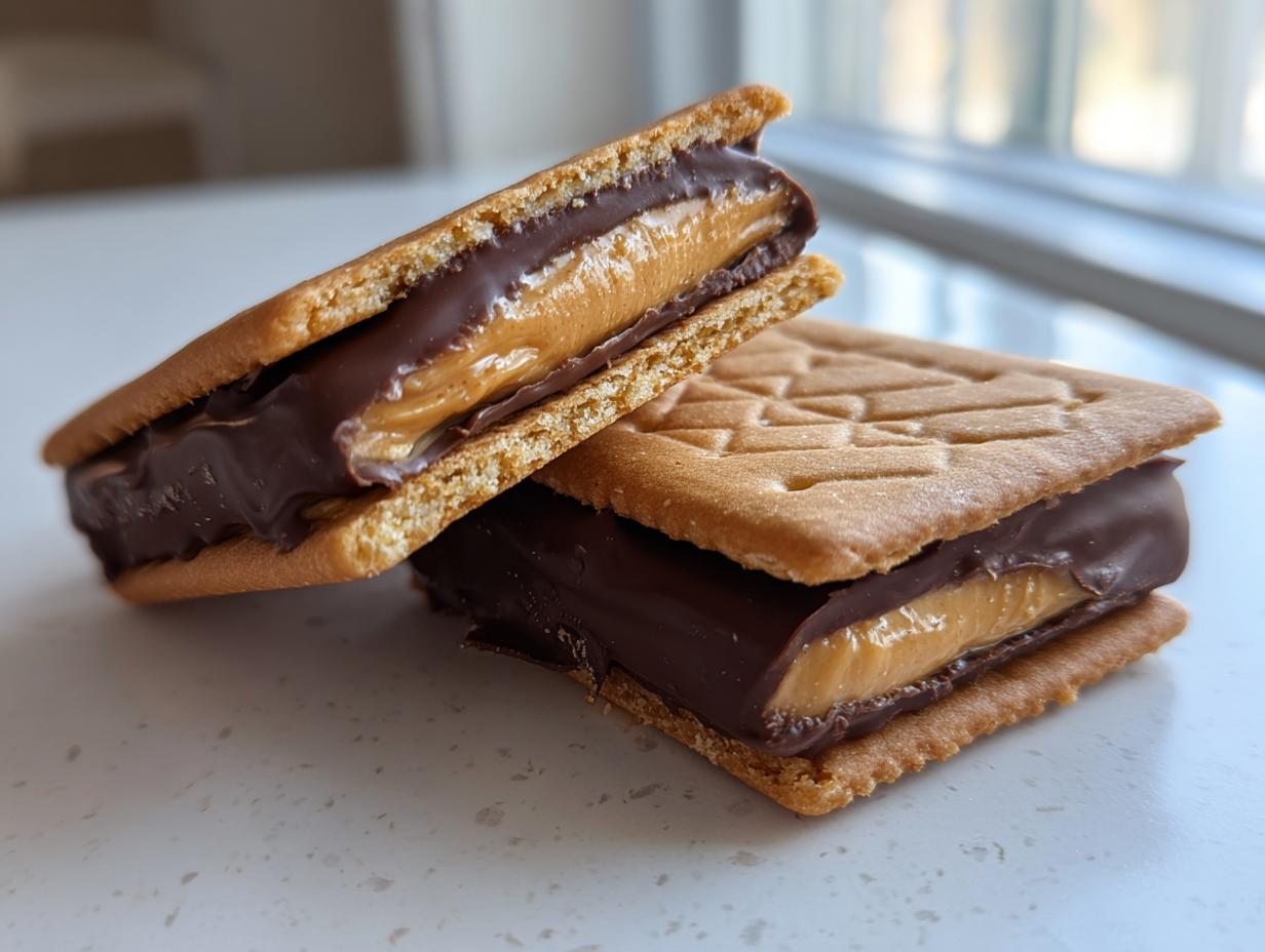Two buckeye graham crackers sandwiches filled with melted chocolate and peanut butter filling.