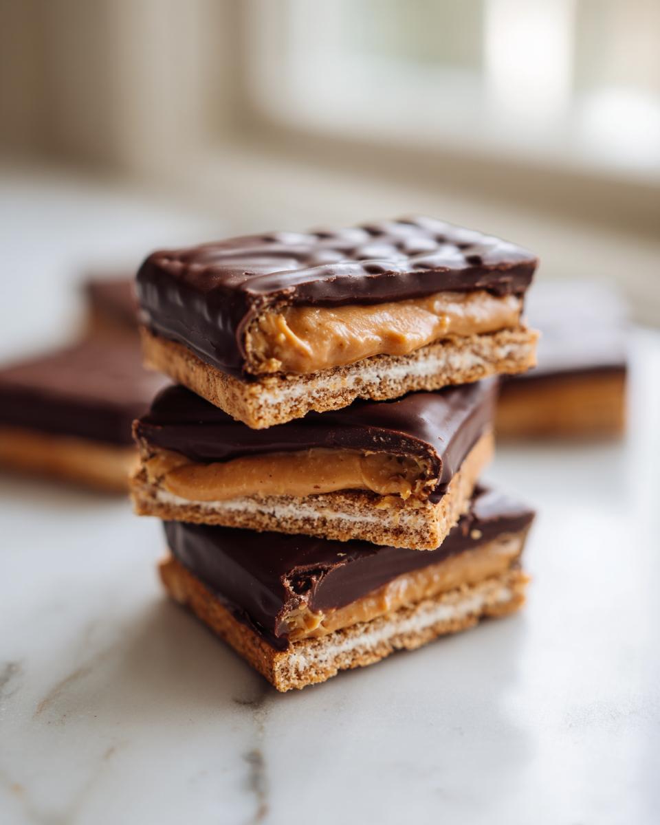 A stack of three homemade buckeye graham crackers showing layers of graham cracker, peanut butter filling, and chocolate coating.