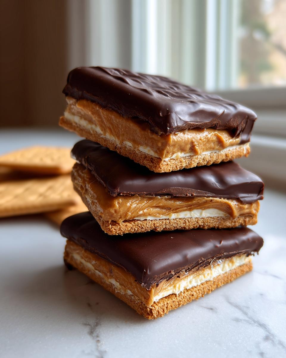 Three stacked homemade buckeye graham crackers featuring a peanut butter layer and thick chocolate topping on a marble surface.