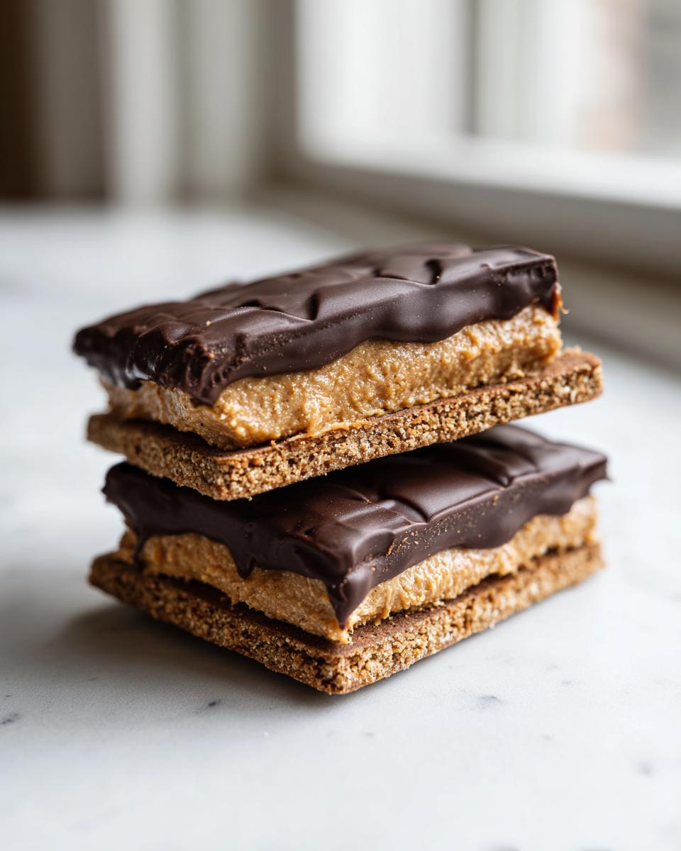 Two stacked homemade buckeye graham crackers featuring peanut butter filling and a thick chocolate coating.