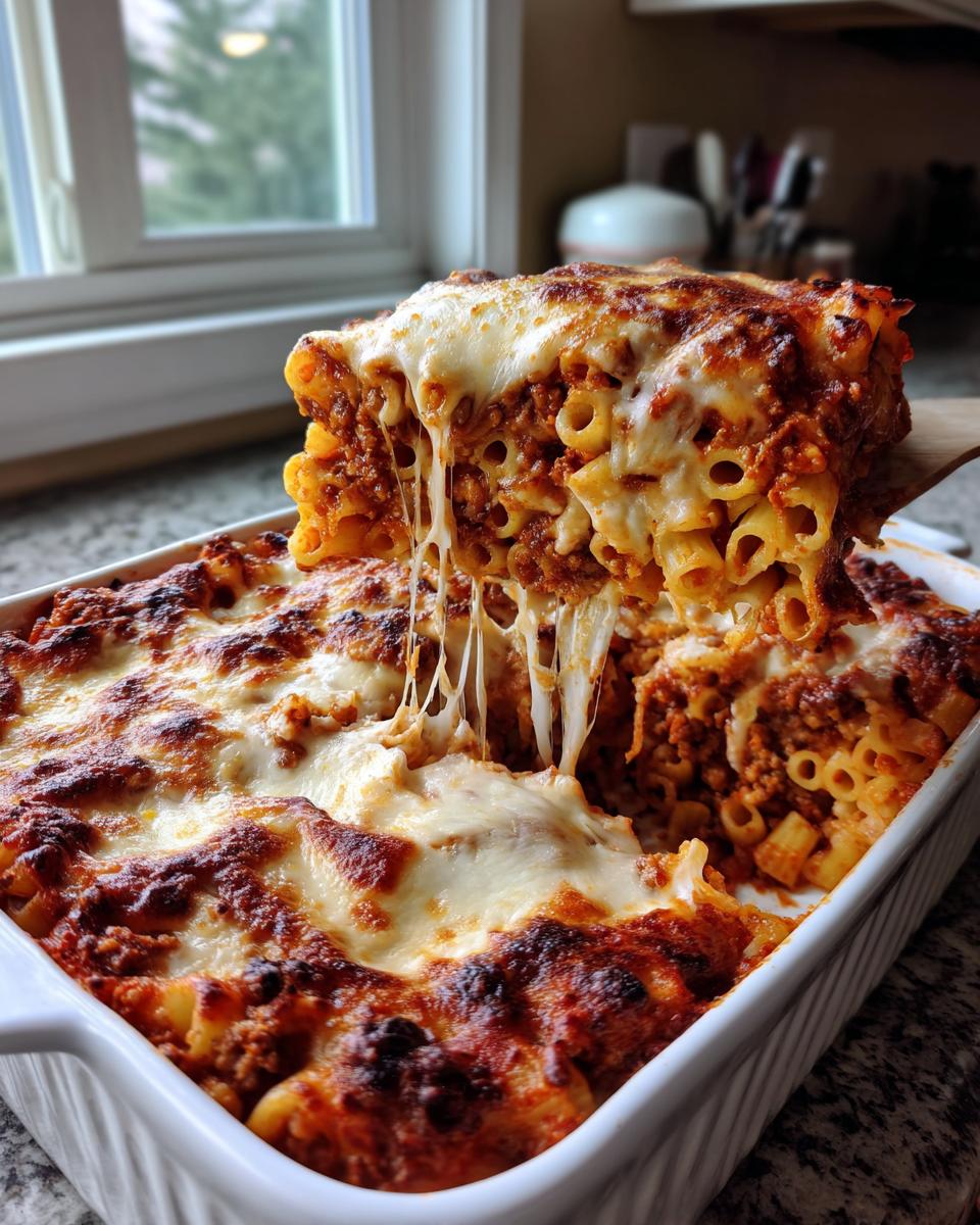 A serving spoon lifts a portion of baked ziti from a casserole dish, showing a dramatic cheese pull.