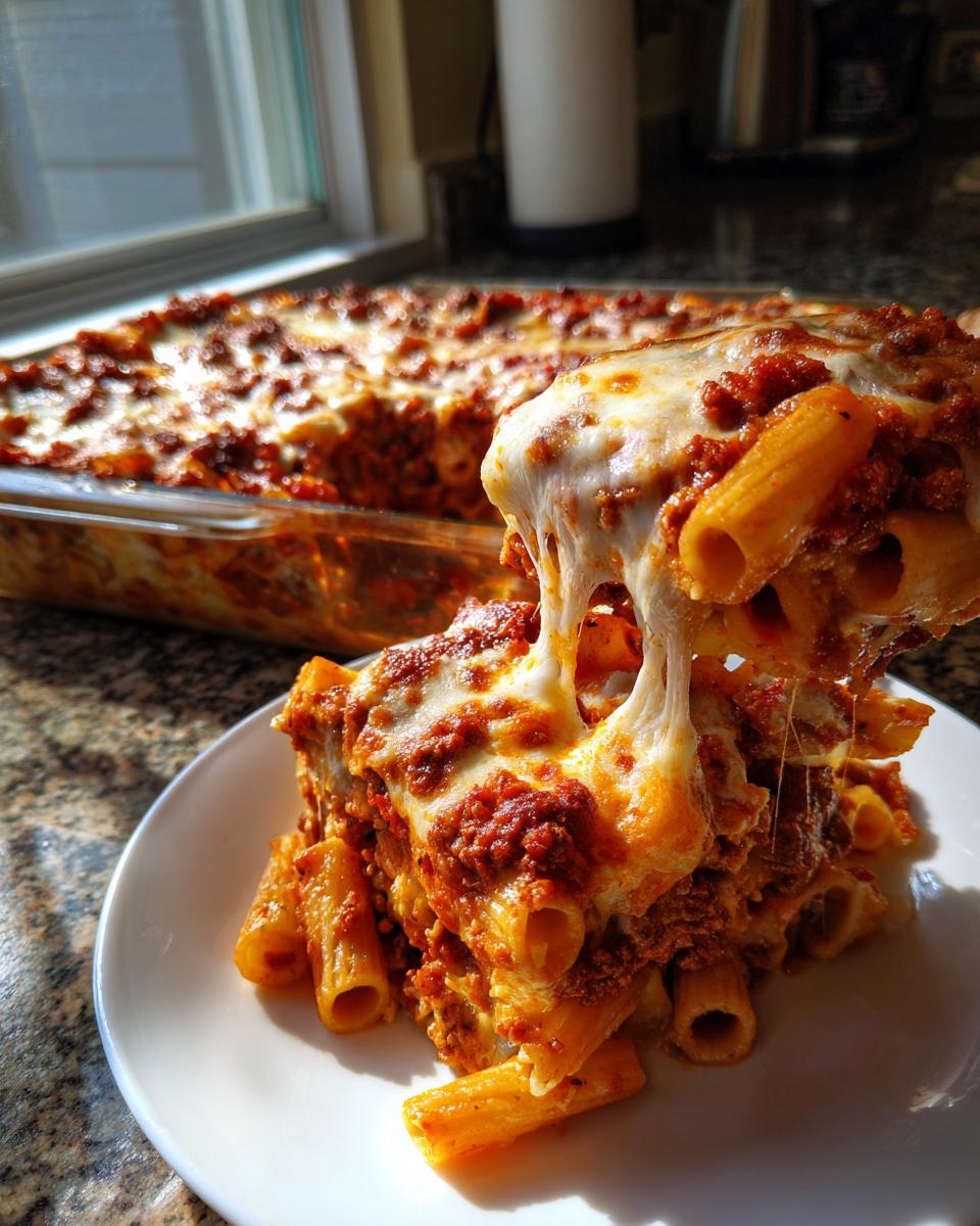 A generous serving of baked ziti lifted from the pan, showing a dramatic cheese pull over a white plate.