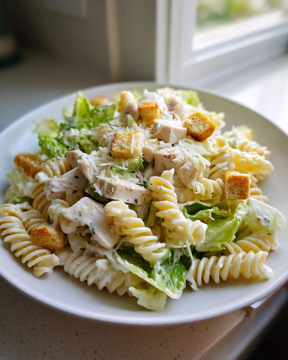 A close-up of a white plate filled with creamy chicken caesar pasta salad, featuring rotini pasta, chicken pieces, romaine lettuce, and croutons.