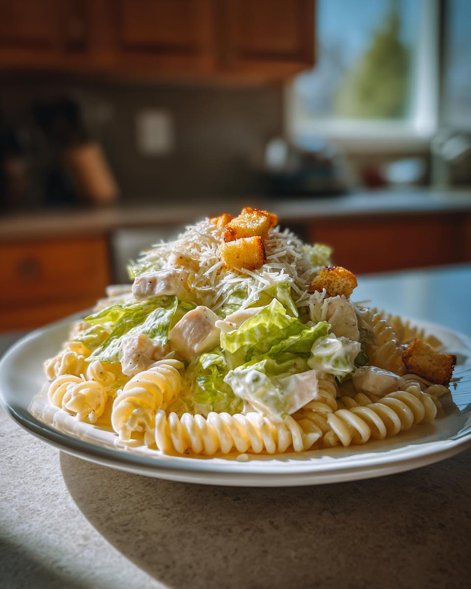 A close-up of a serving of chicken caesar pasta salad featuring fusilli pasta, romaine lettuce, chicken chunks, and croutons.