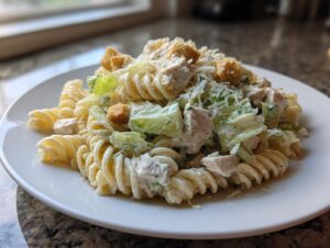 A close-up of a serving of chicken caesar pasta salad featuring rotini pasta, chicken pieces, romaine lettuce, and croutons.