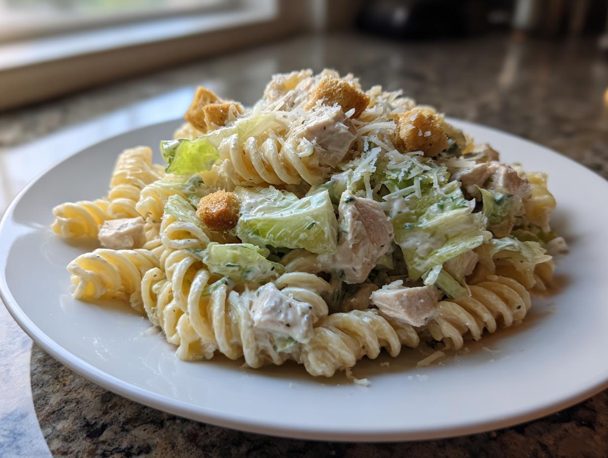 A close-up of a serving of chicken caesar pasta salad featuring rotini pasta, chicken pieces, romaine lettuce, and croutons.