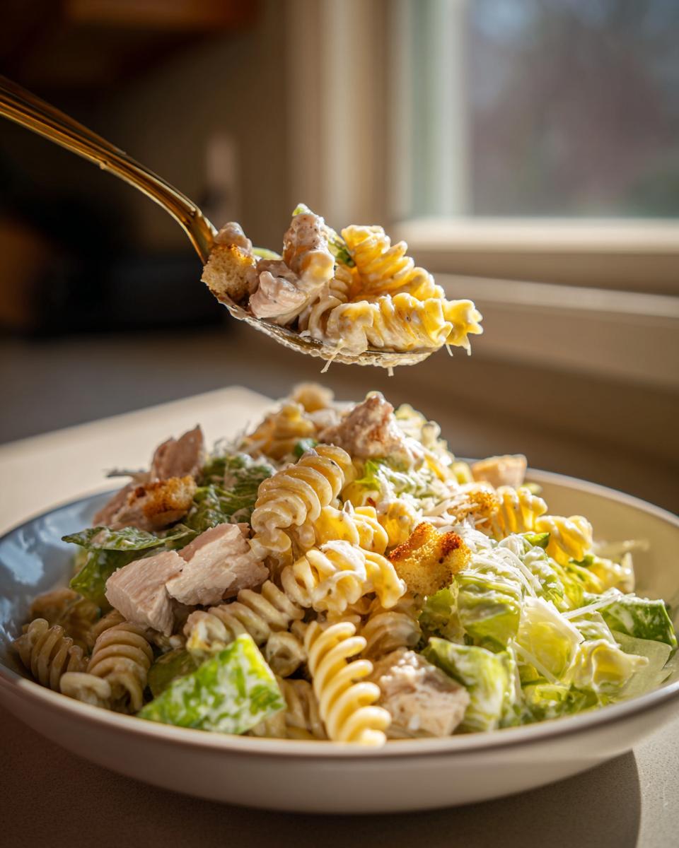 A spoonful of creamy chicken caesar pasta salad, featuring rotini pasta, chicken chunks, and croutons, lifted above a full bowl.