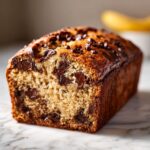 A freshly baked loaf of chocolate chip banana bread showing a moist crumb packed with melted chocolate chips.