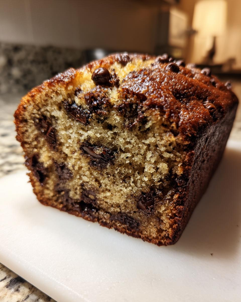 Close-up of a freshly baked chocolate chip banana bread loaf showing a moist interior packed with melted chocolate chips.