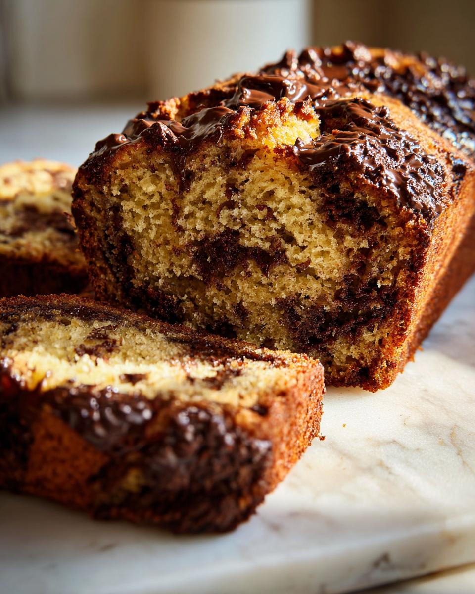 Close-up of a sliced chocolate chip banana bread loaf showing the moist crumb and melted chocolate topping.