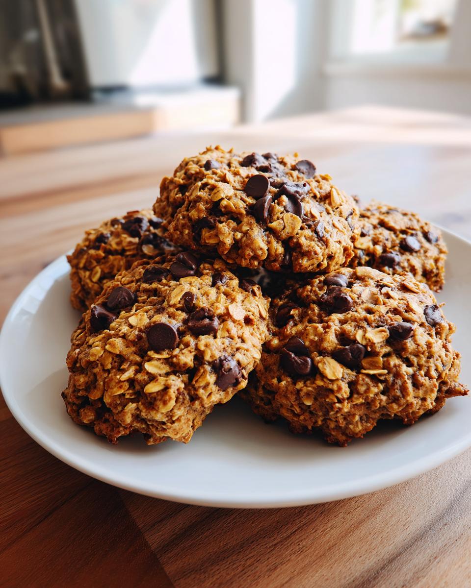A stack of five delicious, chunky chocolate chip breakfast cookies made with oats, sitting on a white plate.